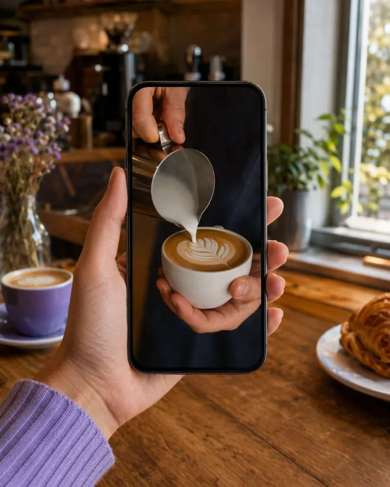 A hand holds a phone upright in a café, playing a short vertical clip of latte art, with a Watch full video button on the screen.