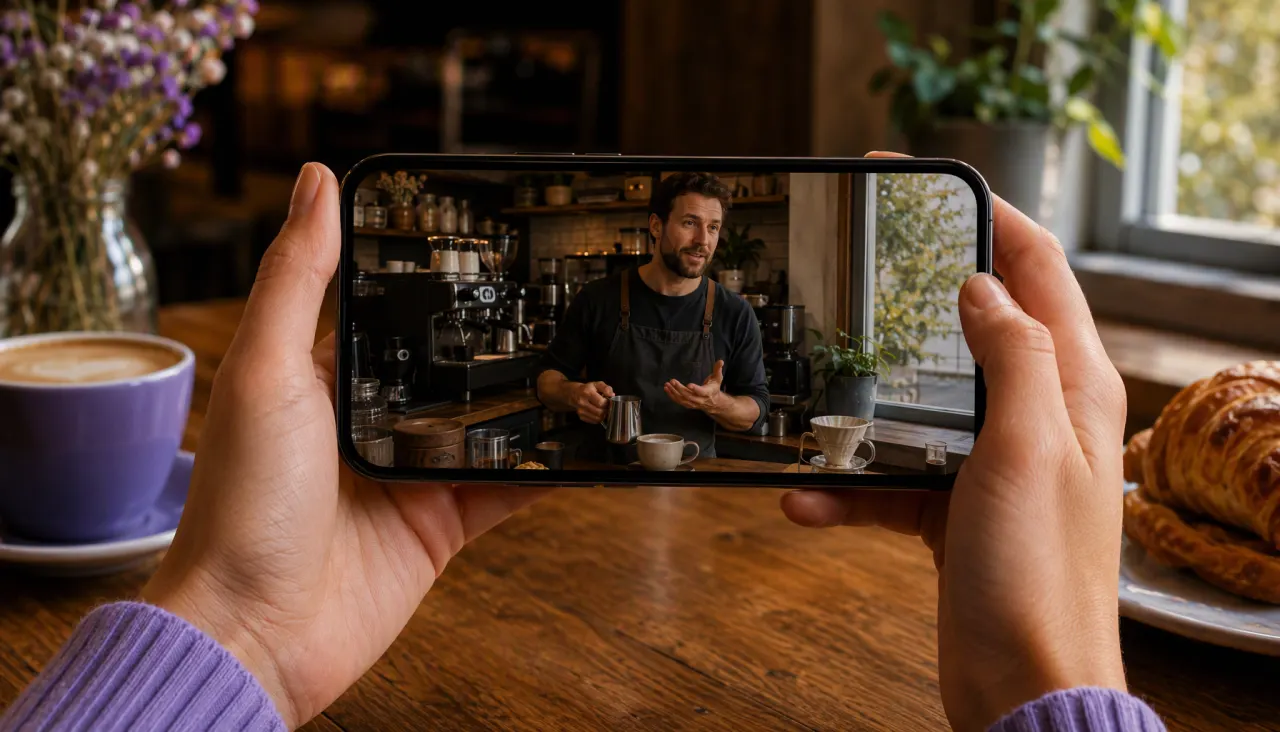 Two hands hold a phone sideways in a café, playing a widescreen video of the café owner talking behind the counter.
