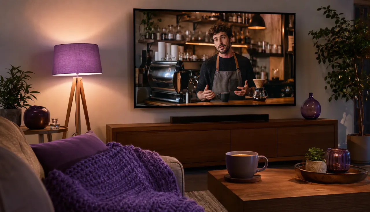 A living room in the evening with a wall-mounted TV playing a widescreen video of a café owner talking behind the counter.
